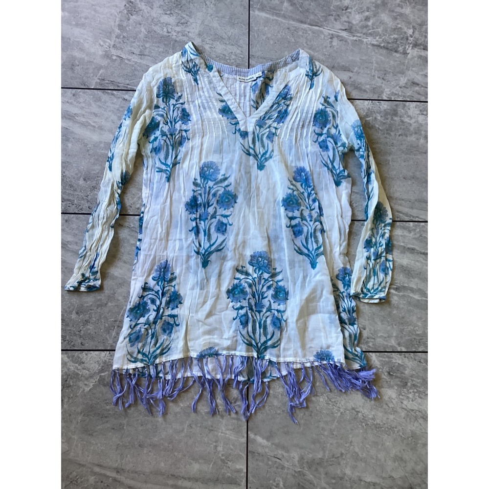 Roller Rabbit Blue Floral Block Print Cotton Tunic Top Tassels Womens Medium